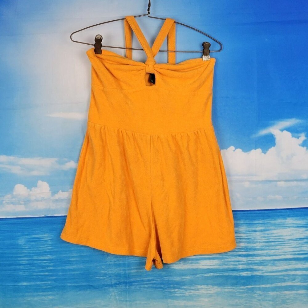 WILD FABLE Woman's ORANGE Terry Cloth Romper Shorts HALTER Straps size Sm - Picture 4 of 5